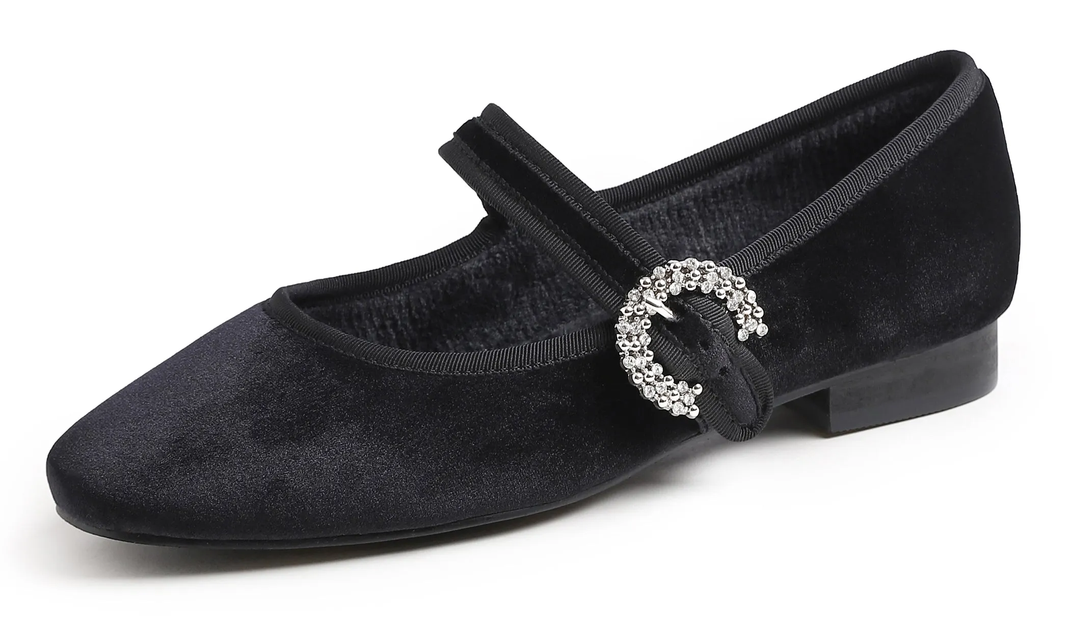 Feversole Women's Mary Jane Fashion Square Toe Easy Buckle Low Heel Slip On Flats Velvet Fur Lined Rhinestone