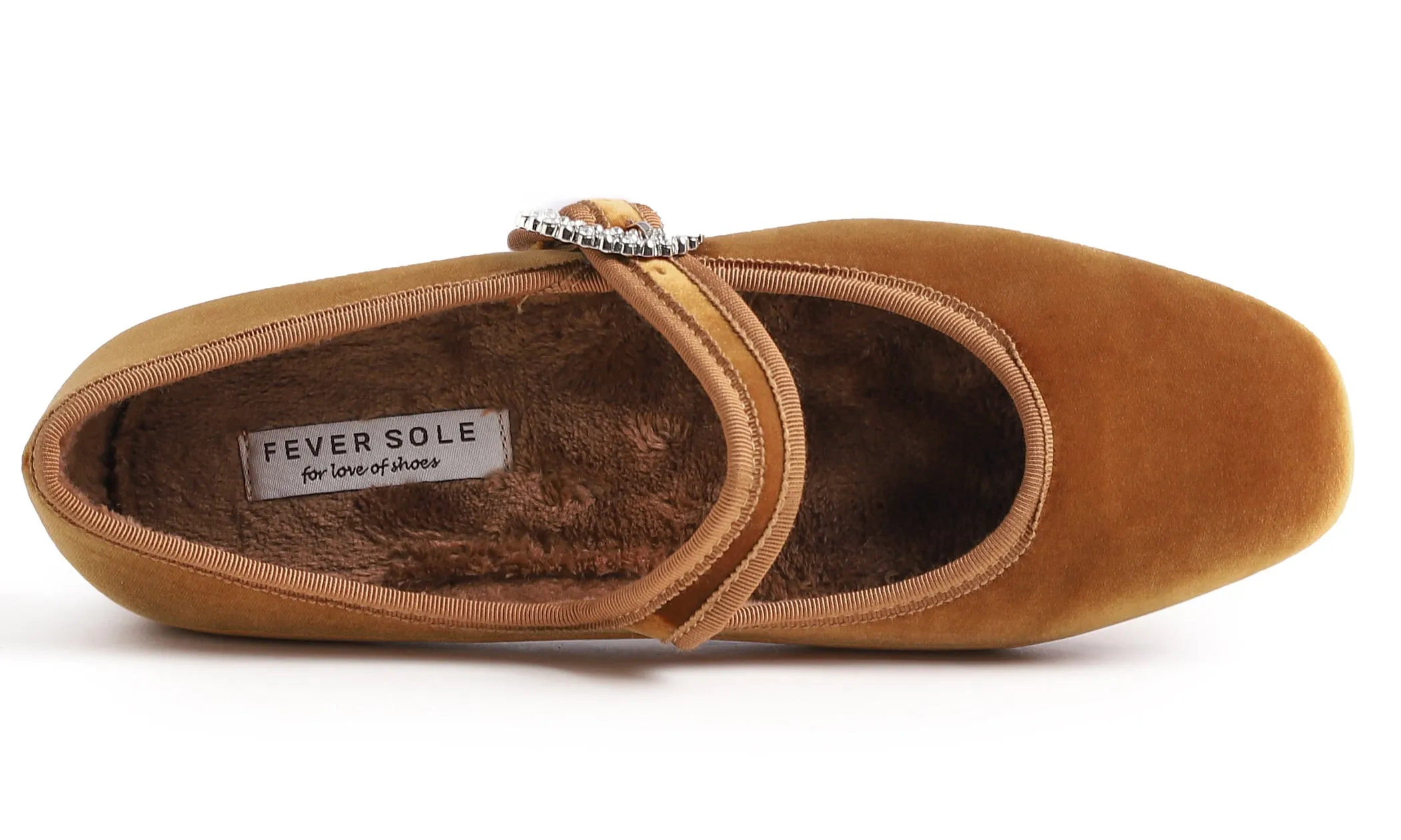 Feversole Women's Mary Jane Fashion Square Toe Easy Buckle Low Heel Slip On Flats Velvet Fur Lined Rhinestone