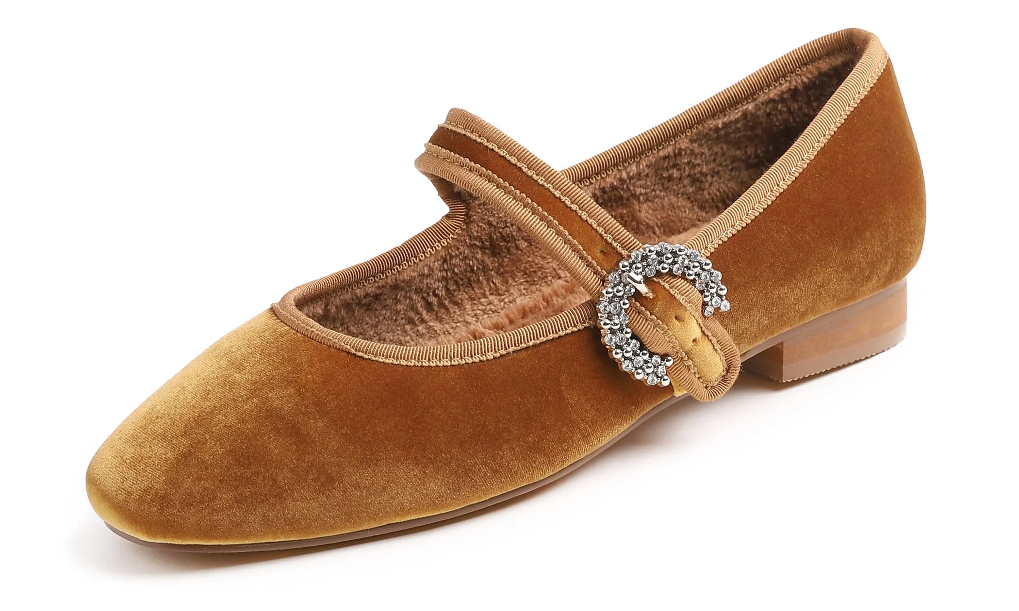 Feversole Women's Mary Jane Fashion Square Toe Easy Buckle Low Heel Slip On Flats Velvet Fur Lined Rhinestone