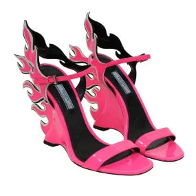 Flame Sandals Neon Pink Patent Leather Wedge Open Toe Heels