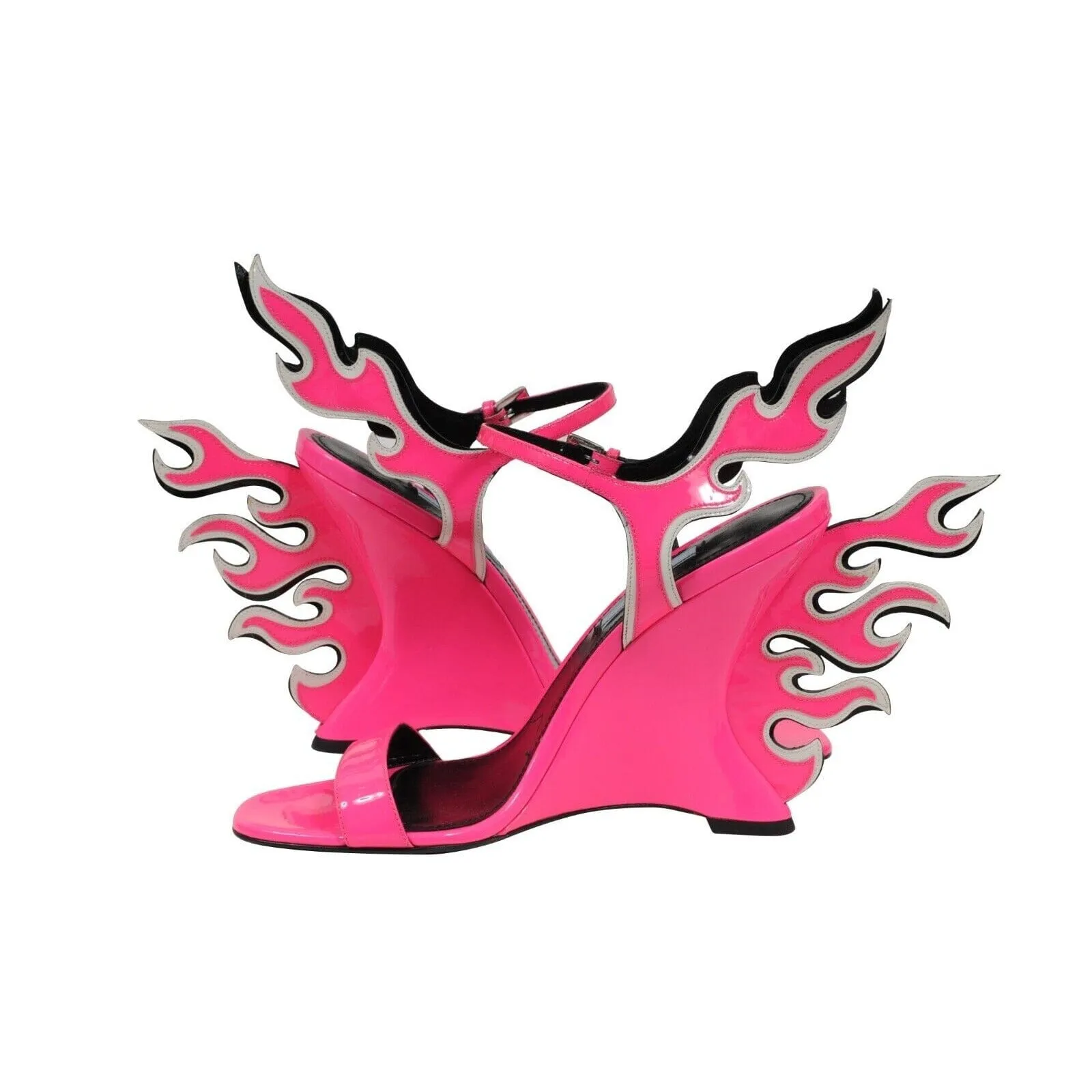 Flame Sandals Neon Pink Patent Leather Wedge Open Toe Heels