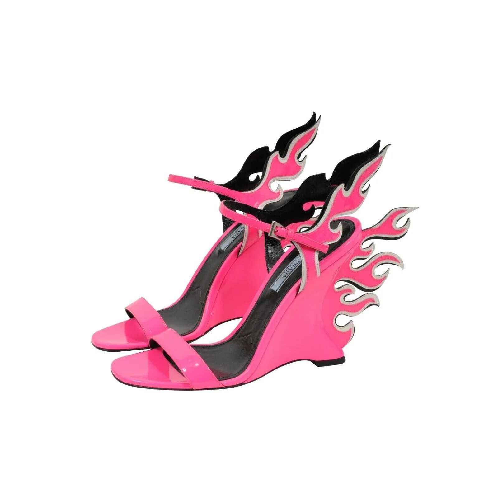 Flame Sandals Neon Pink Patent Leather Wedge Open Toe Heels