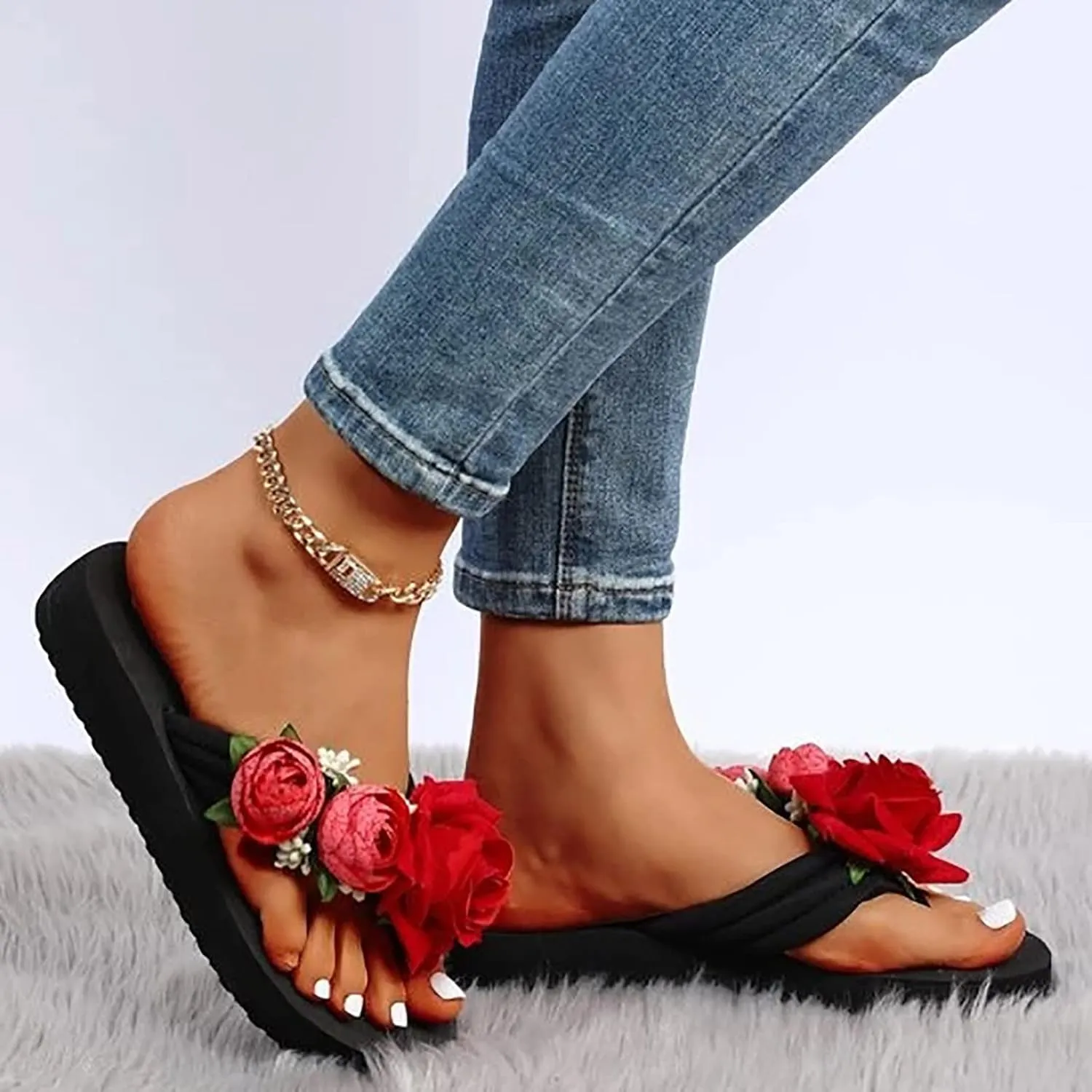 Flip Flops for Women Boho Flowers Wedge Flip Flops Trendy Summer Platform Slippers Slip High Heel Beach Thong Sandals