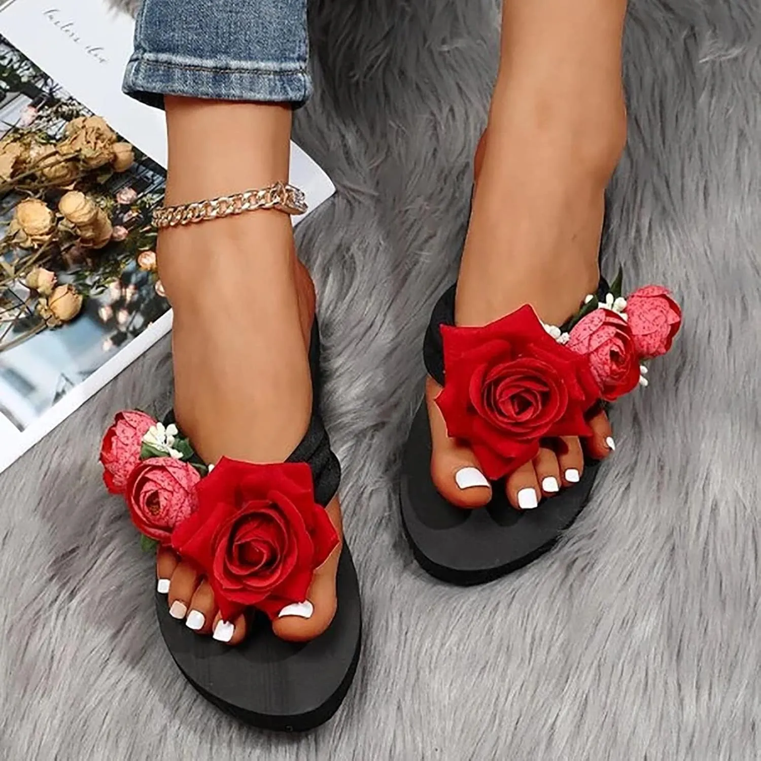 Flip Flops for Women Boho Flowers Wedge Flip Flops Trendy Summer Platform Slippers Slip High Heel Beach Thong Sandals