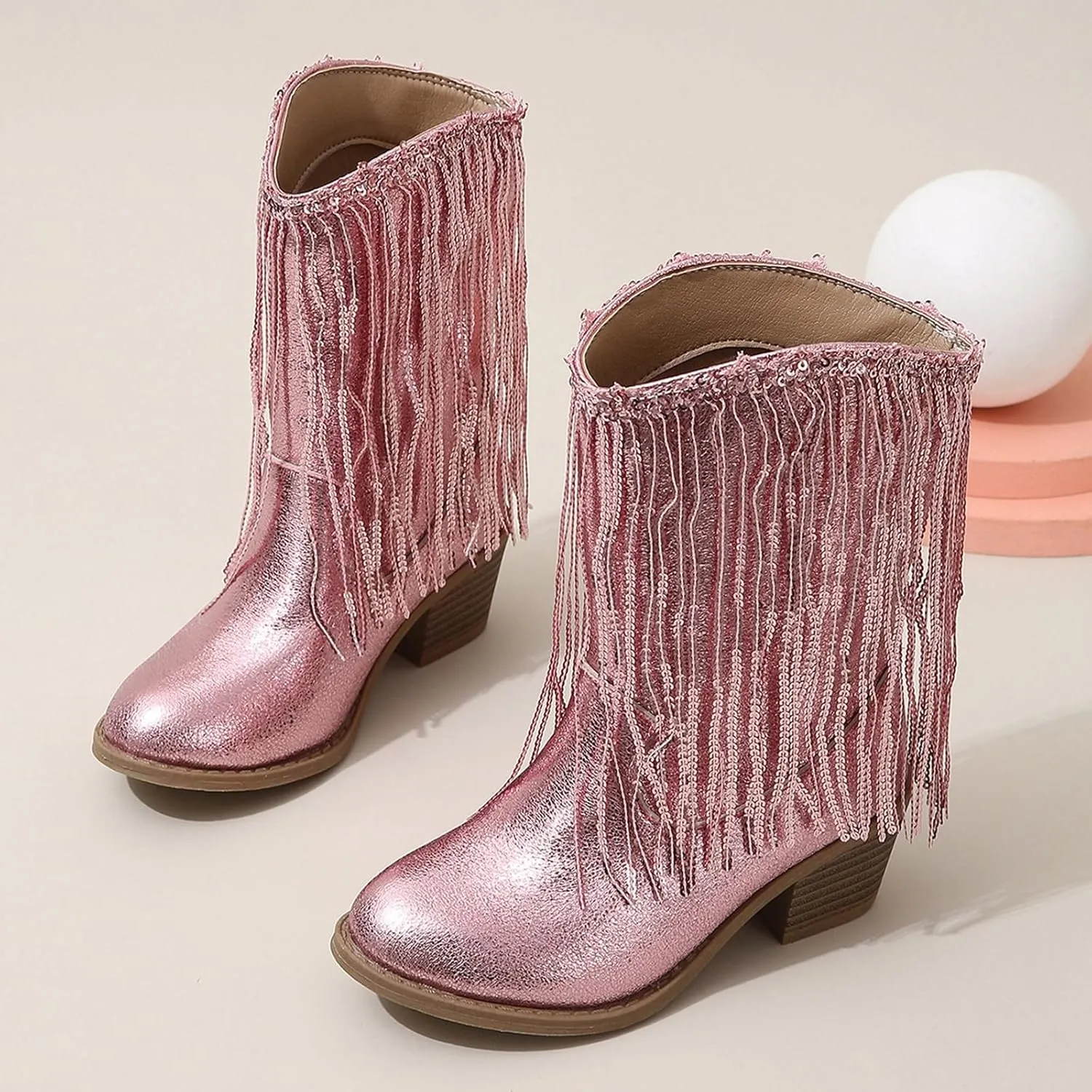 Girls Cowboy Boots Casual Leather Girl Western Boots High Calf High Heels Boots Waterproof Comfortable Ankle Boots