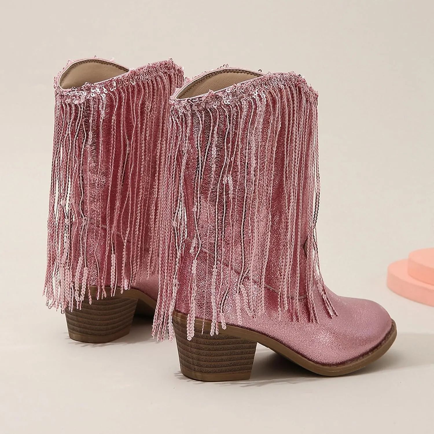Girls Cowboy Boots Casual Leather Girl Western Boots High Calf High Heels Boots Waterproof Comfortable Ankle Boots
