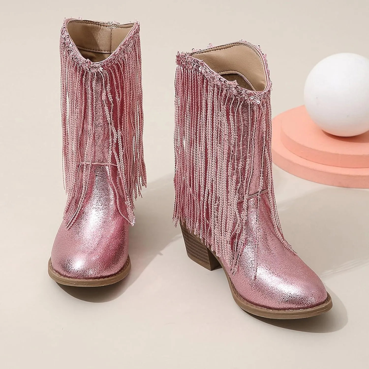 Girls Cowboy Boots Casual Leather Girl Western Boots High Calf High Heels Boots Waterproof Comfortable Ankle Boots
