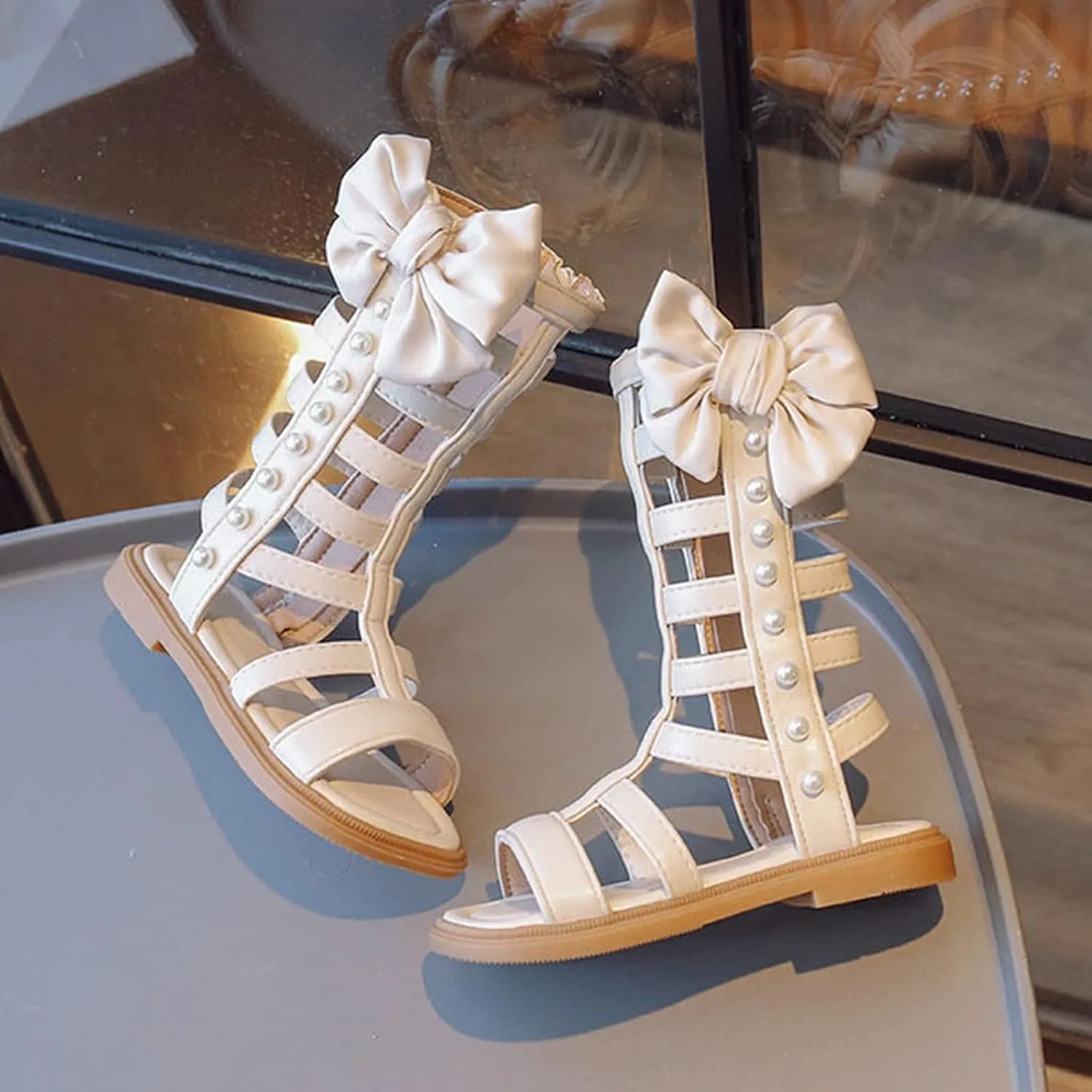 Girls Gladiator Sandals Toddler Kids Cute Big Bowknot Open Toe Side Zipper Summer Trendy Casual Sandal with Pearls