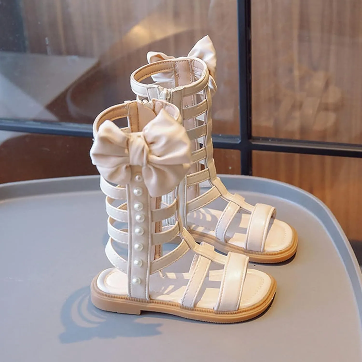 Girls Gladiator Sandals Toddler Kids Cute Big Bowknot Open Toe Side Zipper Summer Trendy Casual Sandal with Pearls