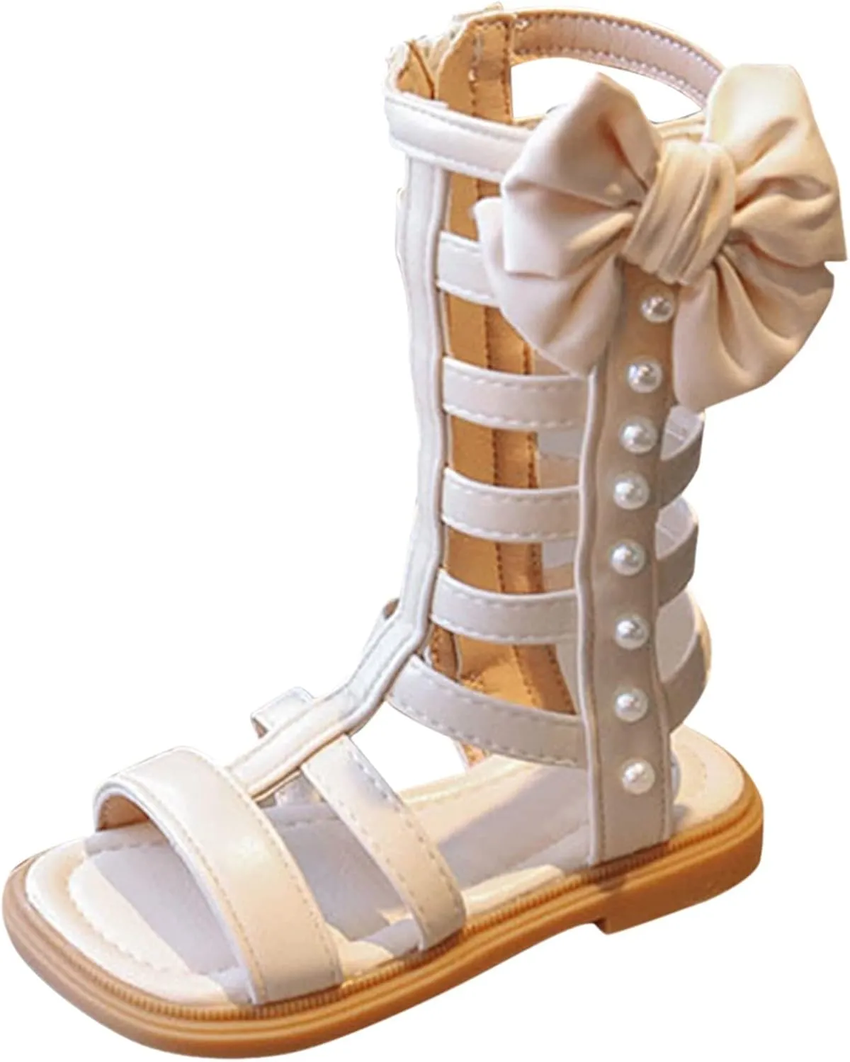 Girls Gladiator Sandals Toddler Kids Cute Big Bowknot Open Toe Side Zipper Summer Trendy Casual Sandal with Pearls