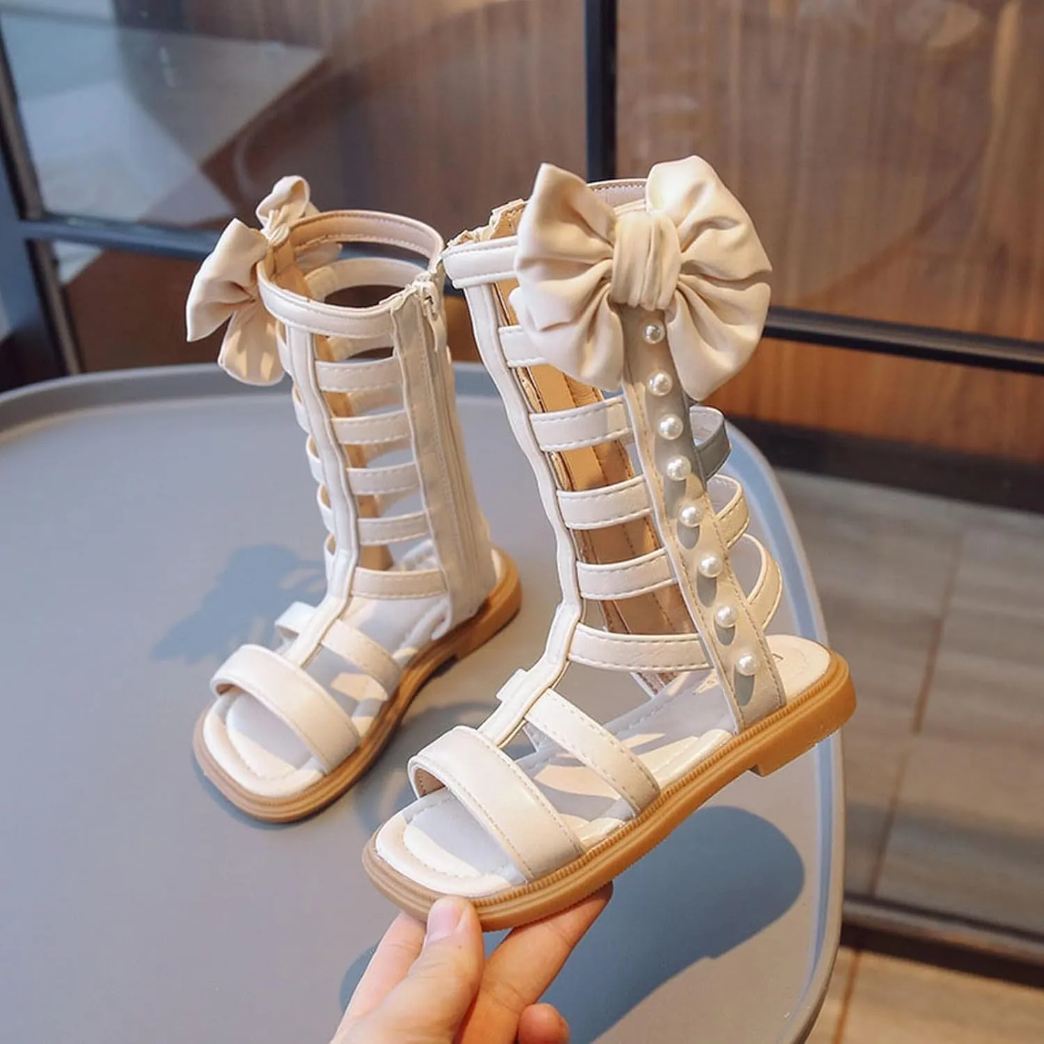 Girls Gladiator Sandals Toddler Kids Cute Big Bowknot Open Toe Side Zipper Summer Trendy Casual Sandal with Pearls