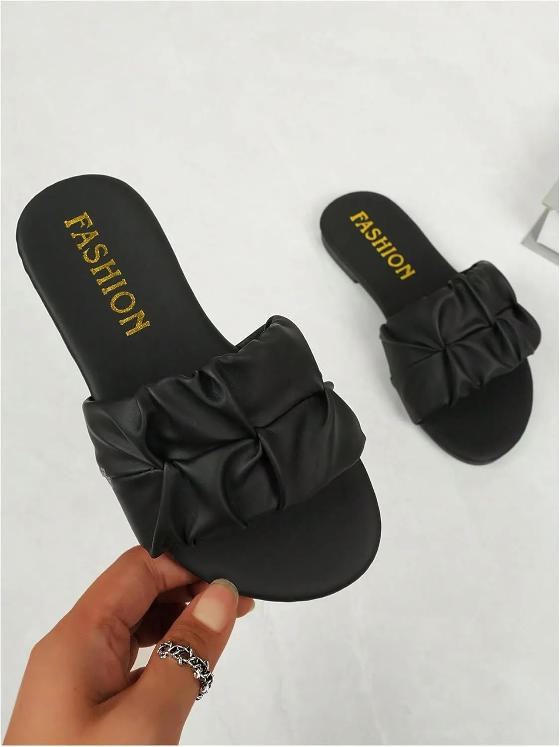 GORGLITTER Girl's Ruched Flat Dressy Sandals Trendy Open Toe Summer Slide Sandals