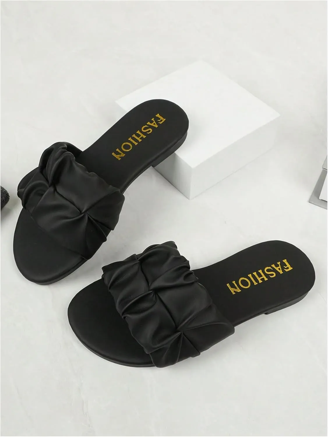 GORGLITTER Girl's Ruched Flat Dressy Sandals Trendy Open Toe Summer Slide Sandals