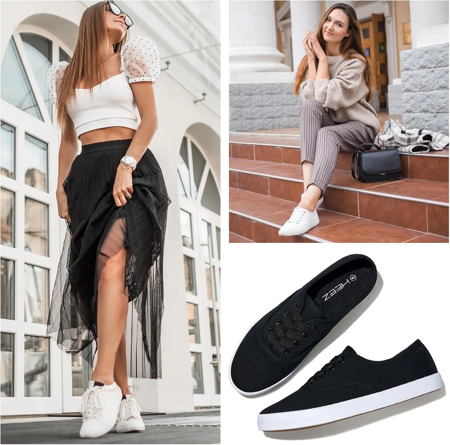 HEEZ Women's Canvas Sneaker Low Top Lace up Fashion Sneakers Casual Shoes Comfortable White Tennis Shoes for Women