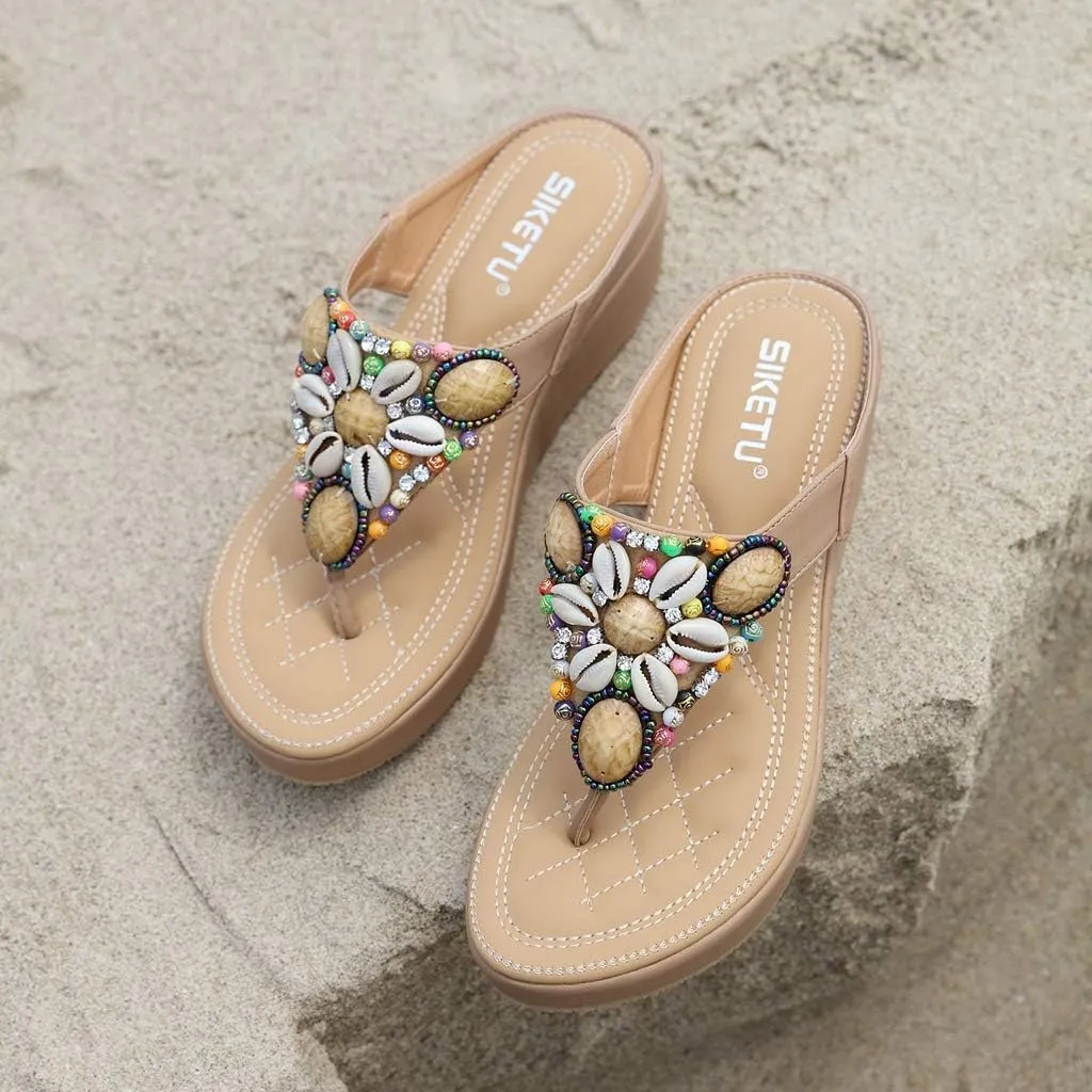 MIOKE Women's Bohemia Beaded Wedge Flipflops Sandals T-strap Summer Slip On Comfort Beach Platform Thong