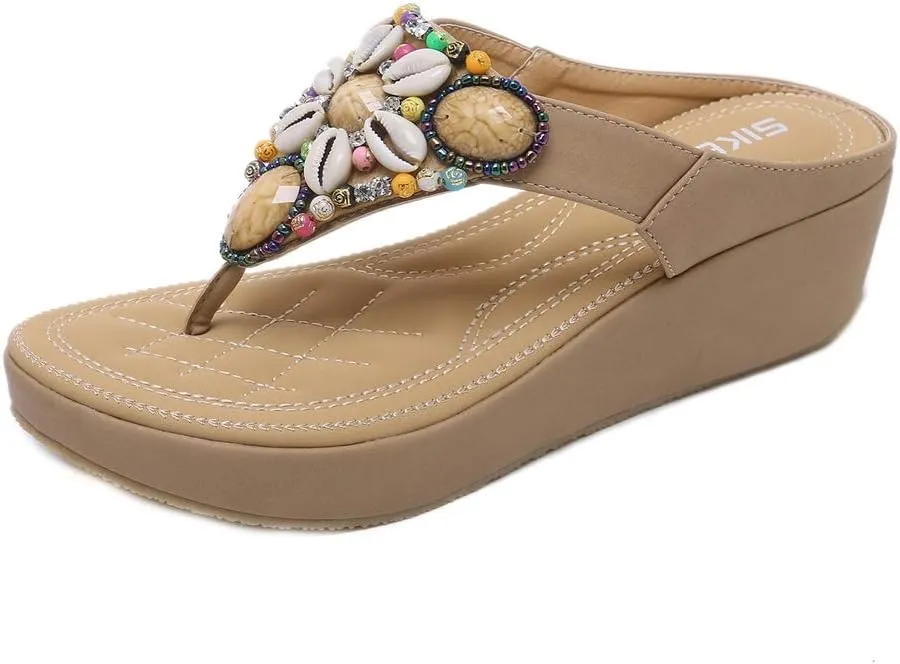 MIOKE Women's Bohemia Beaded Wedge Flipflops Sandals T-strap Summer Slip On Comfort Beach Platform Thong