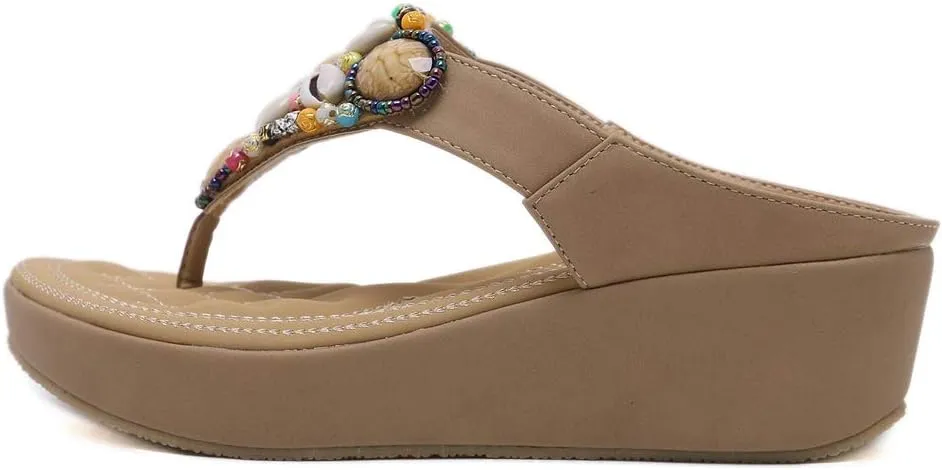 MIOKE Women's Bohemia Beaded Wedge Flipflops Sandals T-strap Summer Slip On Comfort Beach Platform Thong