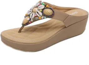MIOKE Women's Bohemia Beaded Wedge Flipflops Sandals T-strap Summer Slip On Comfort Beach Platform Thong