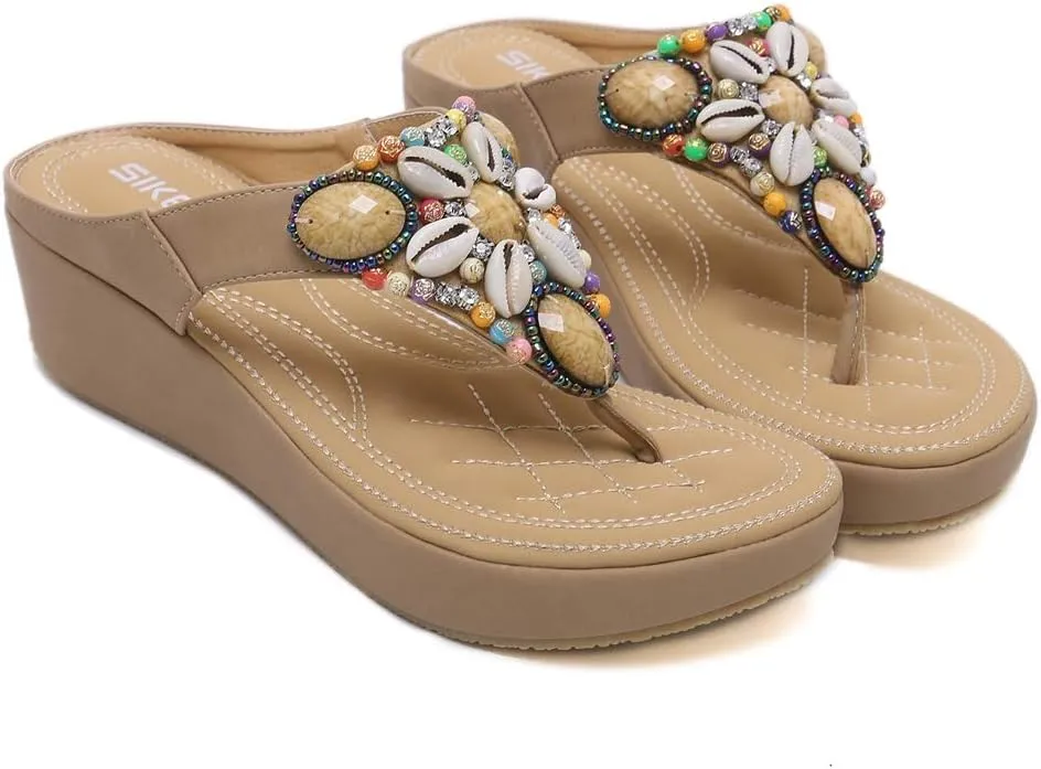 MIOKE Women's Bohemia Beaded Wedge Flipflops Sandals T-strap Summer Slip On Comfort Beach Platform Thong