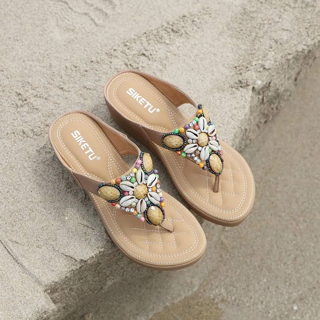 MIOKE Women's Bohemia Beaded Wedge Flipflops Sandals T-strap Summer Slip On Comfort Beach Platform Thong