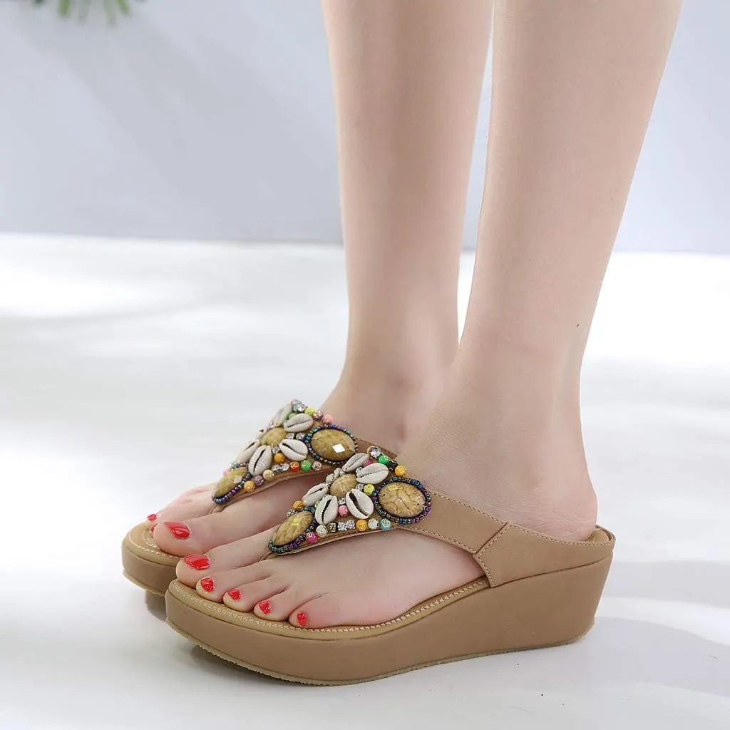 MIOKE Women's Bohemia Beaded Wedge Flipflops Sandals T-strap Summer Slip On Comfort Beach Platform Thong