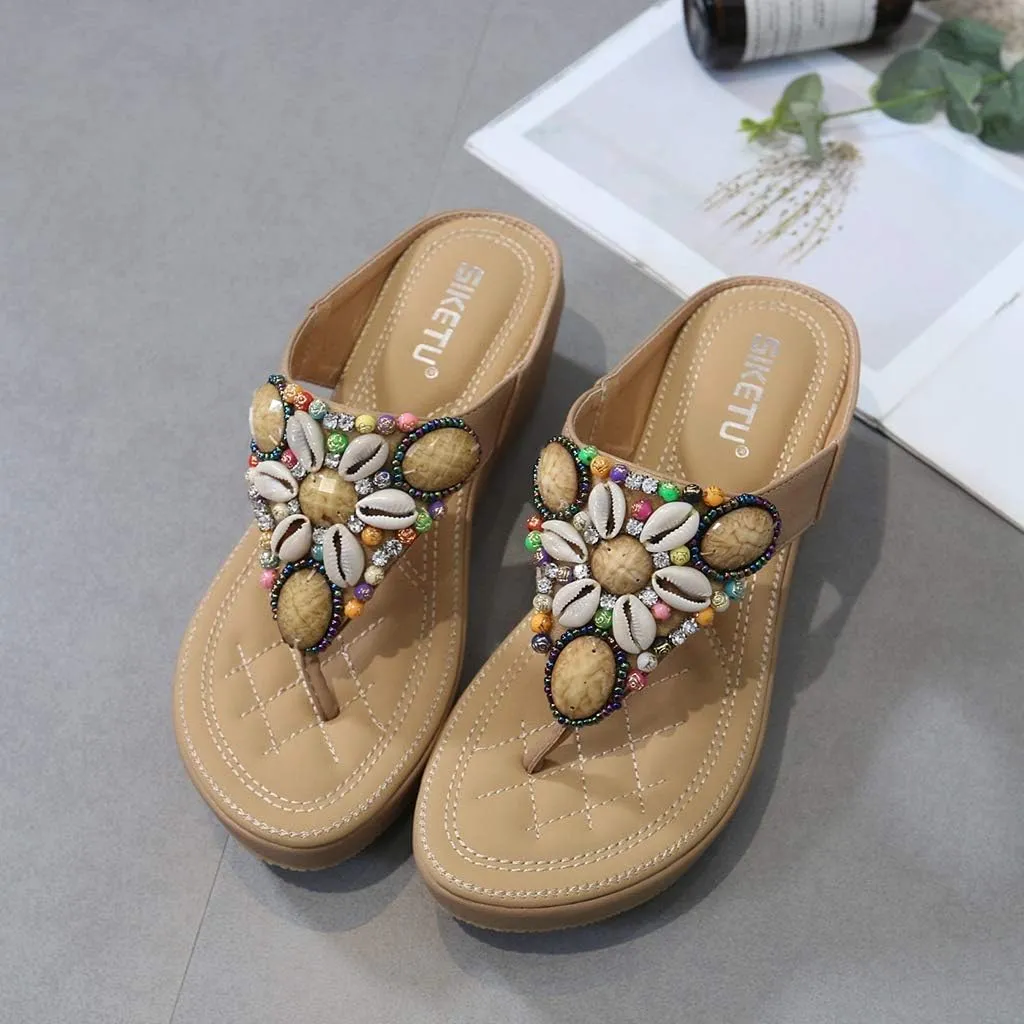 MIOKE Women's Bohemia Beaded Wedge Flipflops Sandals T-strap Summer Slip On Comfort Beach Platform Thong