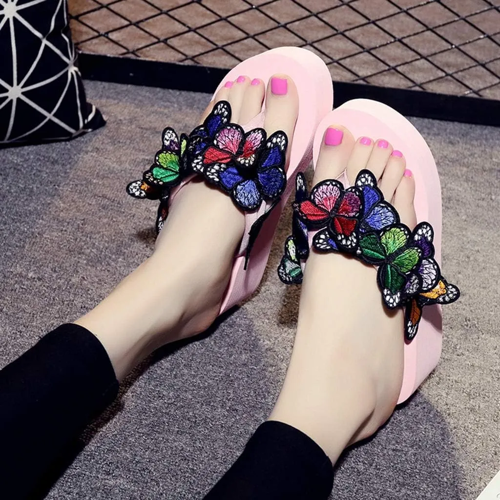 MIOKE Womens Summer Beach Platform Flip Flops Bohemian Butterfly High Heel Anti-Slip Thong Wedge Sandals