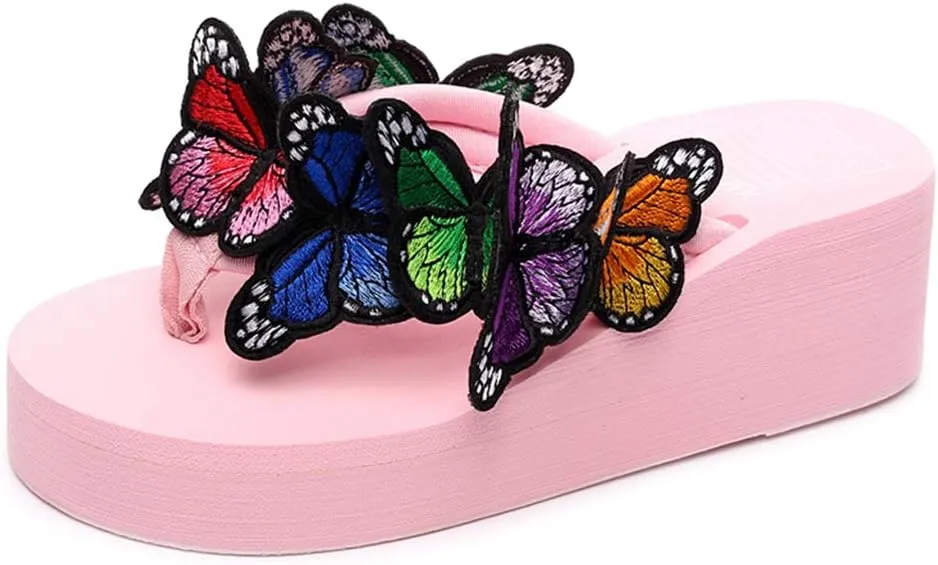 MIOKE Womens Summer Beach Platform Flip Flops Bohemian Butterfly High Heel Anti-Slip Thong Wedge Sandals
