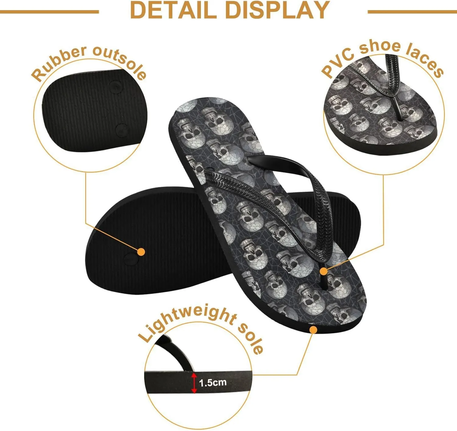 MNSRUU Flip Flops for Women Men Gothic Skull and Flower Flip Flops Womens Slides Men Sandals Shower Slippers Summer Non-Slip Flipflops for Swim Beach Bathroom, XS