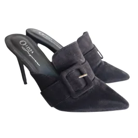Olivia Ferguson Black Suede Pointed Toe High Heel Mules With Buckle Strap