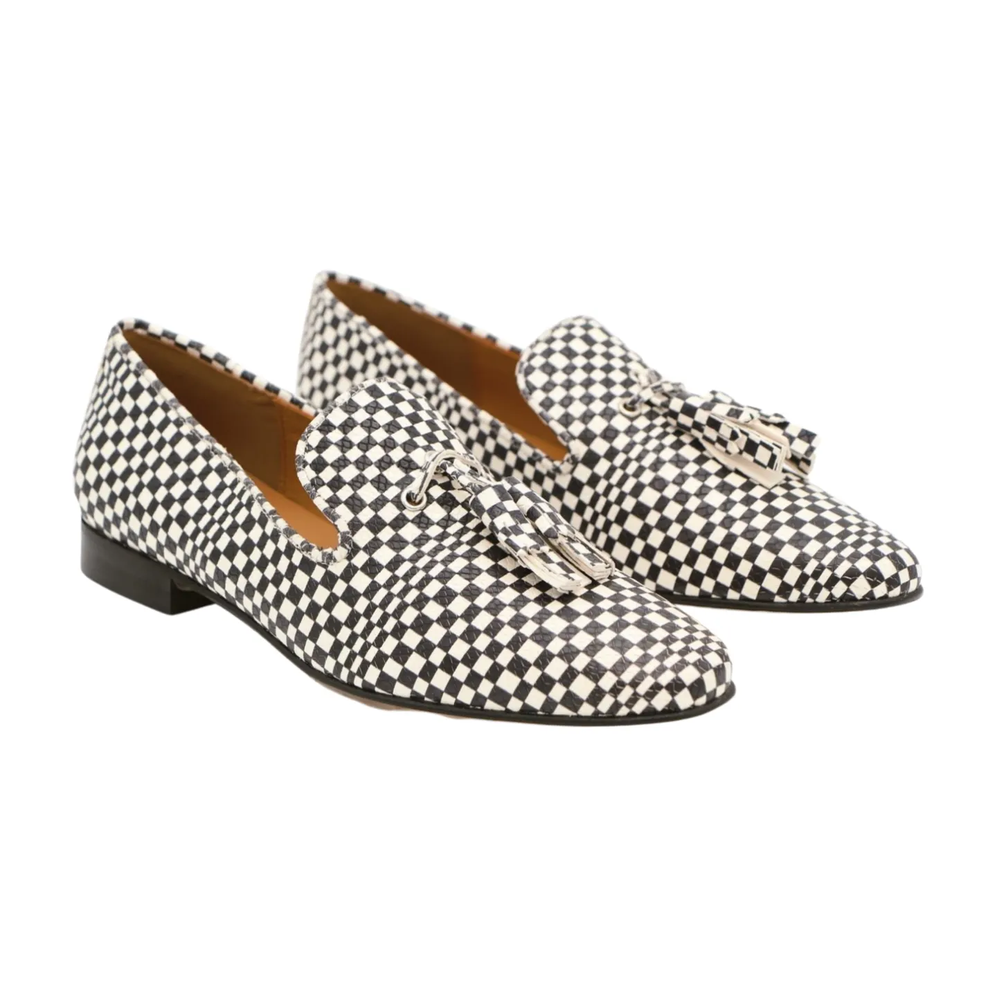 PEDRO MIRALLES Black & White Chequered Leather Loafer with Tassels 3565