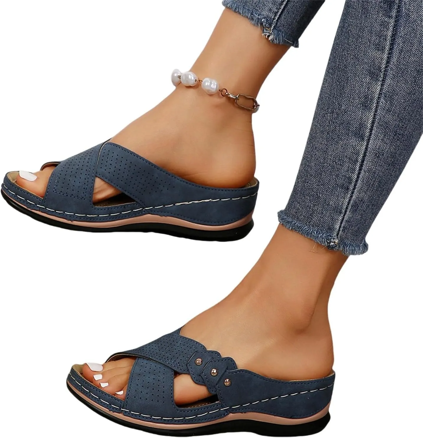 Summer Sandals for Women 2025 Trendy Dressy Arch Support Slip On Bohemian Beach Vacation Low Wedge Sandals Footwear