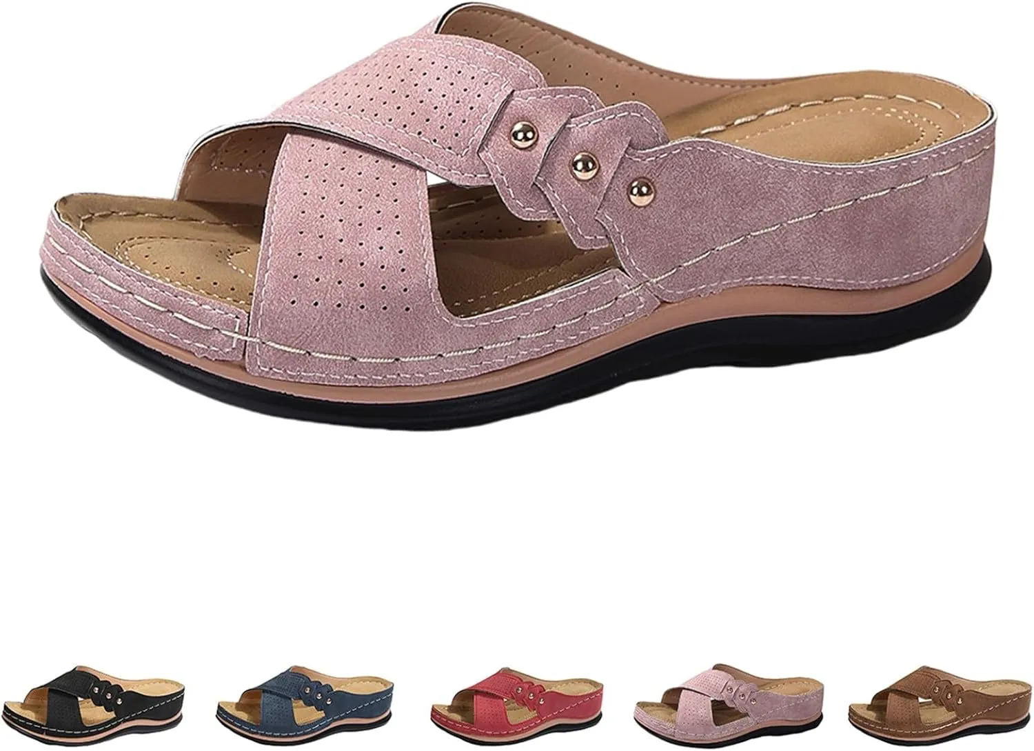Summer Sandals for Women 2025 Trendy Dressy Arch Support Slip On Bohemian Beach Vacation Low Wedge Sandals Footwear
