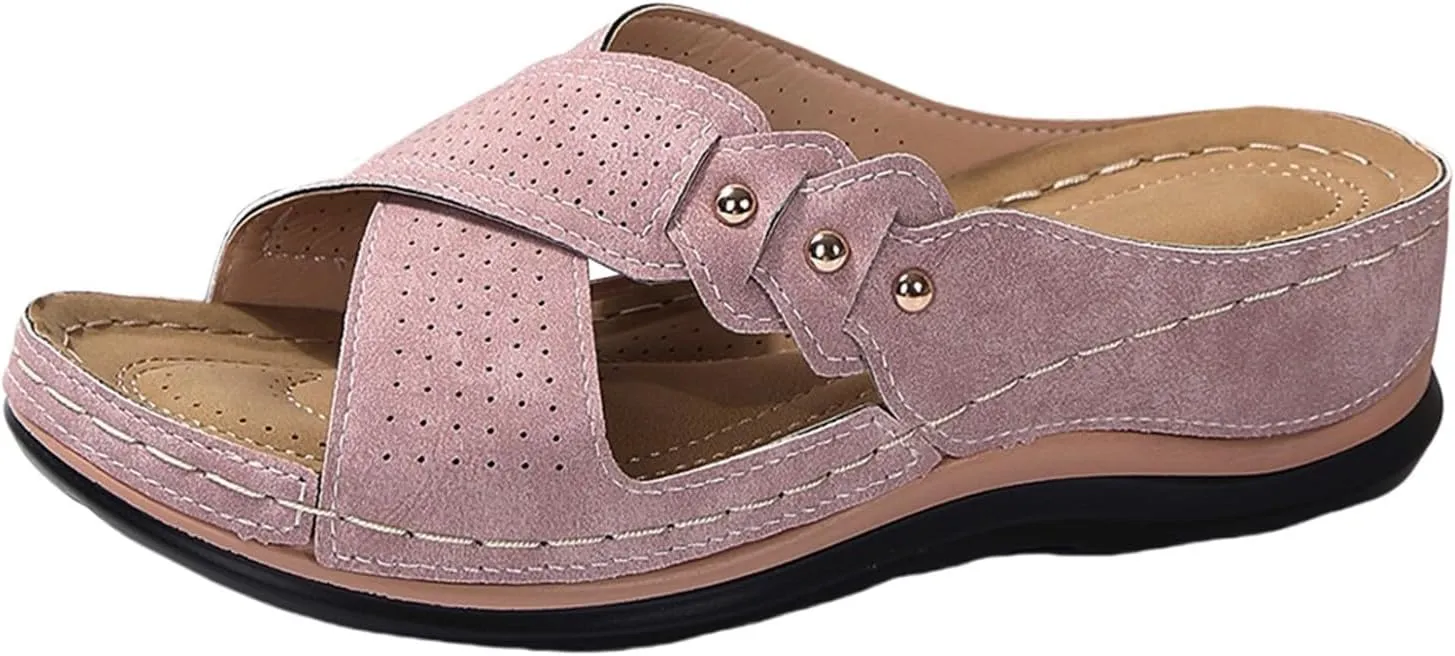 Summer Sandals for Women 2025 Trendy Dressy Arch Support Slip On Bohemian Beach Vacation Low Wedge Sandals Footwear