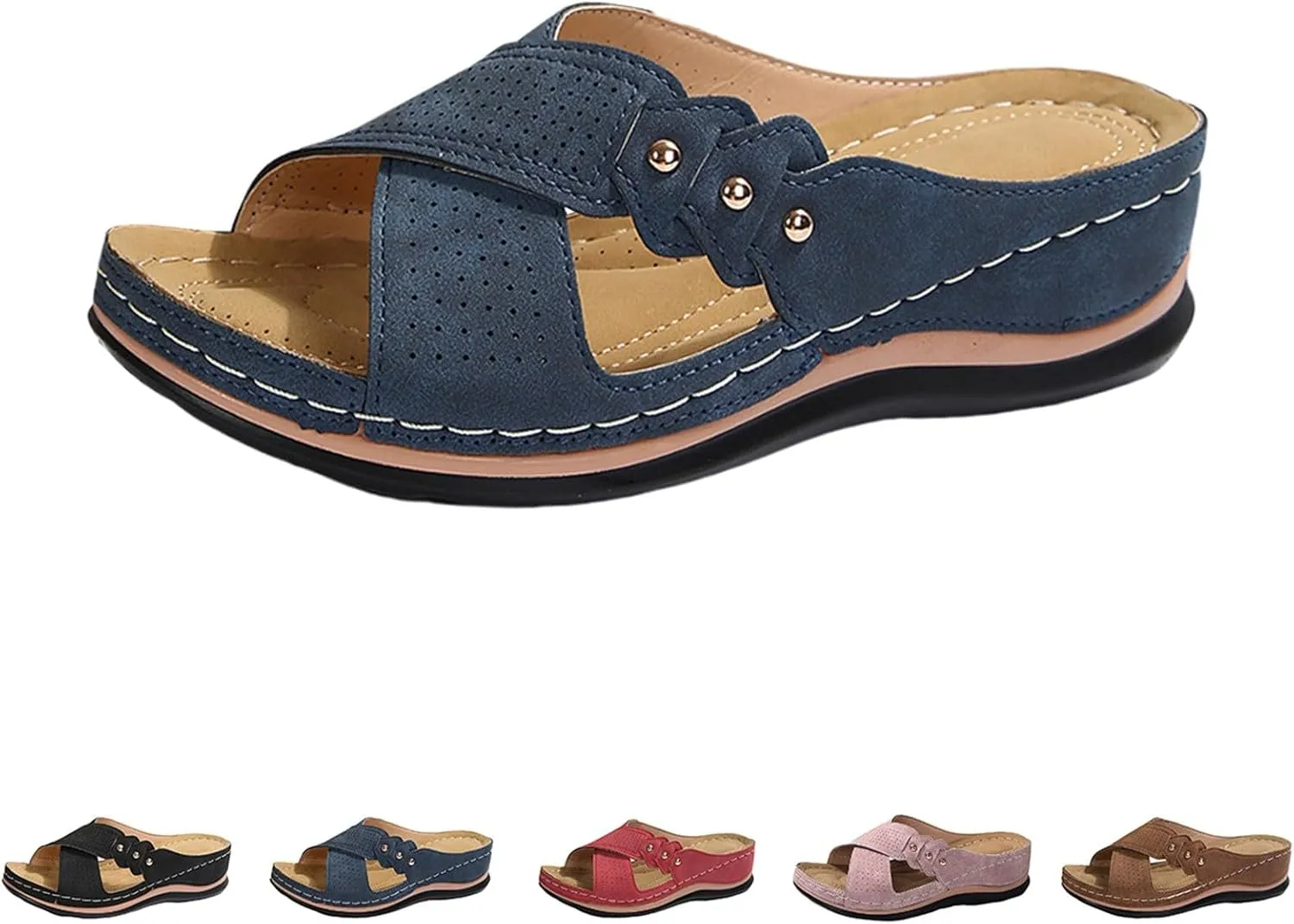 Summer Sandals for Women 2025 Trendy Dressy Arch Support Slip On Bohemian Beach Vacation Low Wedge Sandals Footwear