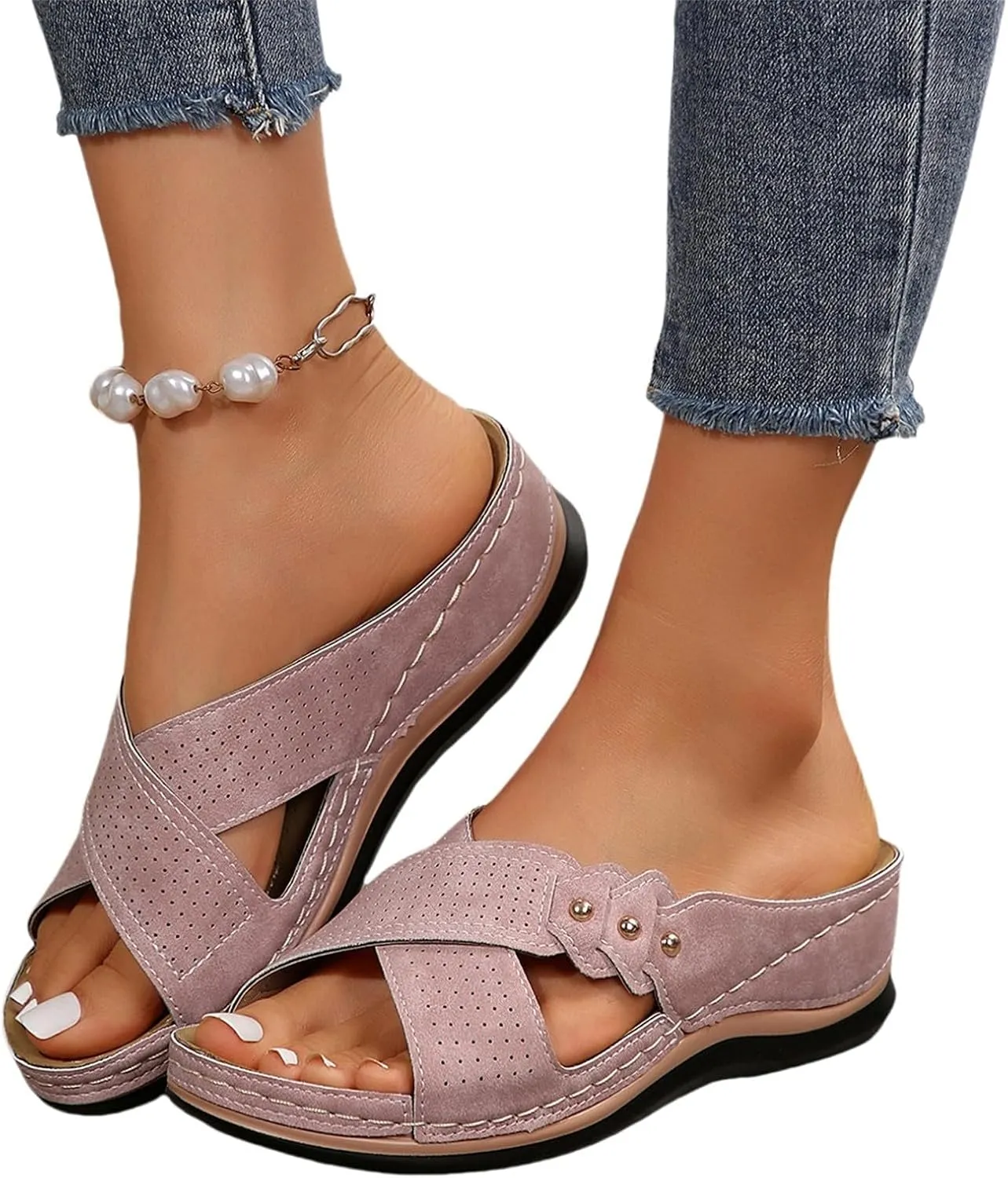 Summer Sandals for Women 2025 Trendy Dressy Arch Support Slip On Bohemian Beach Vacation Low Wedge Sandals Footwear