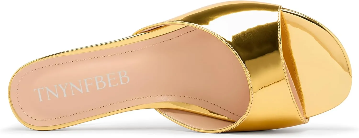 TNYNFBEB Womens Low Kitten Heel Peep Open Toe Mules Shoes Sandals Slingback Wedding Prom Dress Patent Leather Summer 1.4 Inches Heels