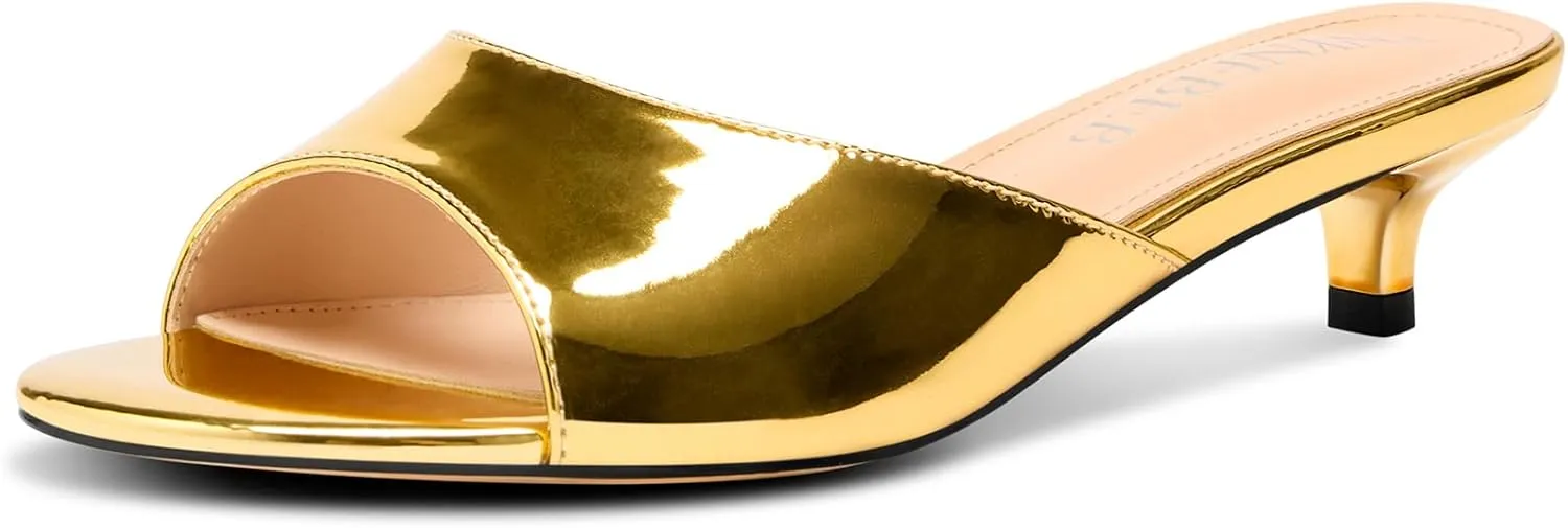 TNYNFBEB Womens Low Kitten Heel Peep Open Toe Mules Shoes Sandals Slingback Wedding Prom Dress Patent Leather Summer 1.4 Inches Heels