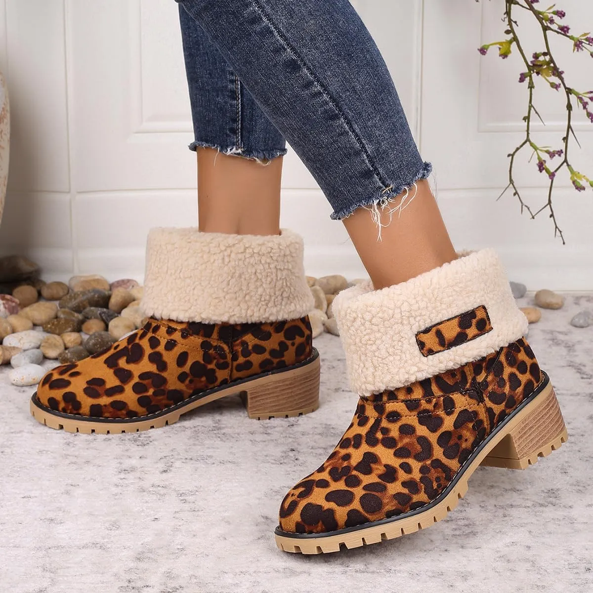 Winter Boots for Women, Comfortable Slip On Mid Chunky Heel Suede Warm Snow Ankle Boots Ladies Casual Casual Fashion Booties