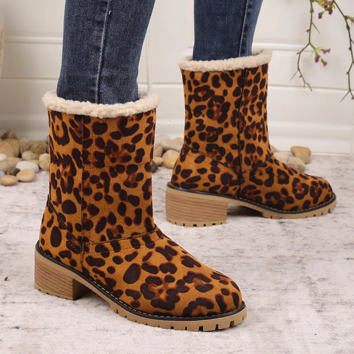Winter Boots for Women, Comfortable Slip On Mid Chunky Heel Suede Warm Snow Ankle Boots Ladies Casual Casual Fashion Booties