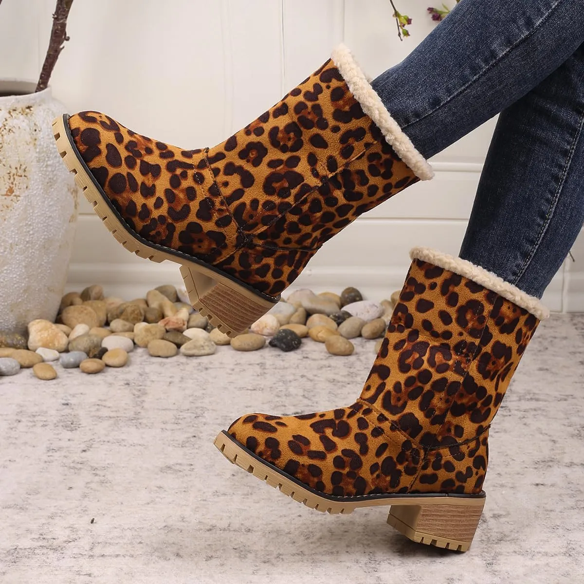 Winter Boots for Women, Comfortable Slip On Mid Chunky Heel Suede Warm Snow Ankle Boots Ladies Casual Casual Fashion Booties