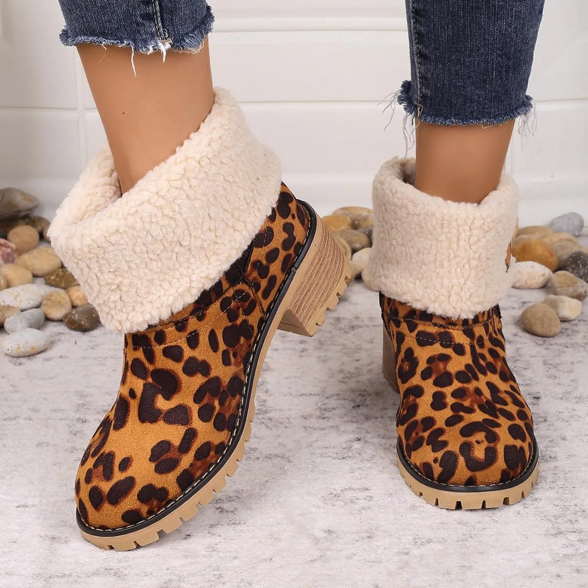 Winter Boots for Women, Comfortable Slip On Mid Chunky Heel Suede Warm Snow Ankle Boots Ladies Casual Casual Fashion Booties
