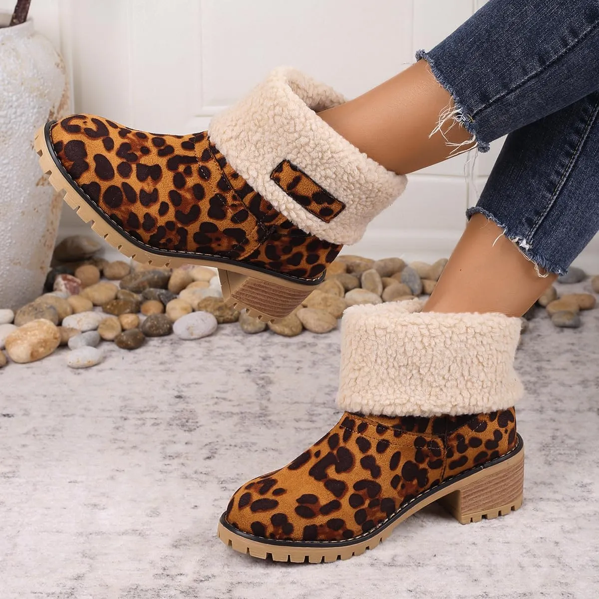 Winter Boots for Women, Comfortable Slip On Mid Chunky Heel Suede Warm Snow Ankle Boots Ladies Casual Casual Fashion Booties
