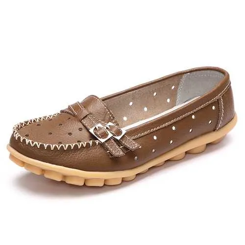 Women Flat Hollow Out Casual Soft Leather Slip On Round Toe Loafers
