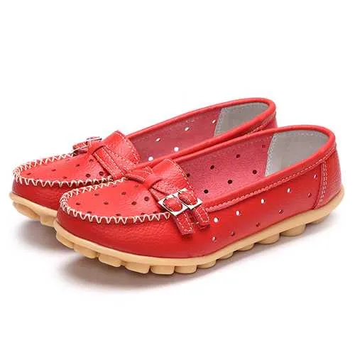 Women Flat Hollow Out Casual Soft Leather Slip On Round Toe Loafers