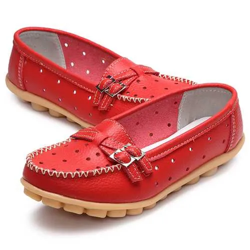 Women Flat Hollow Out Casual Soft Leather Slip On Round Toe Loafers