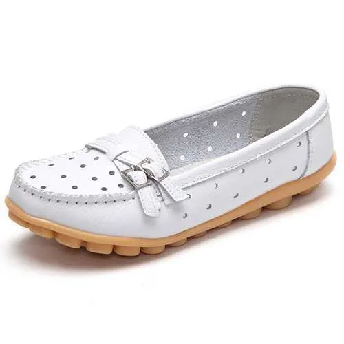 Women Flat Hollow Out Casual Soft Leather Slip On Round Toe Loafers