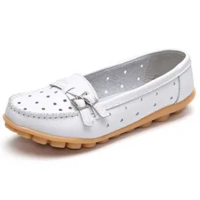 Women Flat Hollow Out Casual Soft Leather Slip On Round Toe Loafers