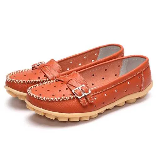 Women Flat Hollow Out Casual Soft Leather Slip On Round Toe Loafers