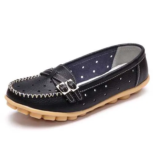 Women Flat Hollow Out Casual Soft Leather Slip On Round Toe Loafers